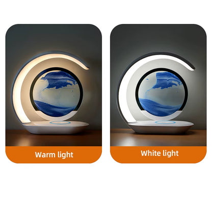 Quicksand Table Lamp USB Wireless Charging Desk Lamp 3D Hourglass Ornaments Sand Painting Night Light for Office Room Decoration